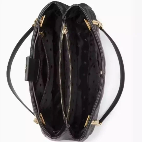 Kate Spade Black Quilted Leather Tote w/Leather and Gold Chain Link Straps - Picture 3 of 4